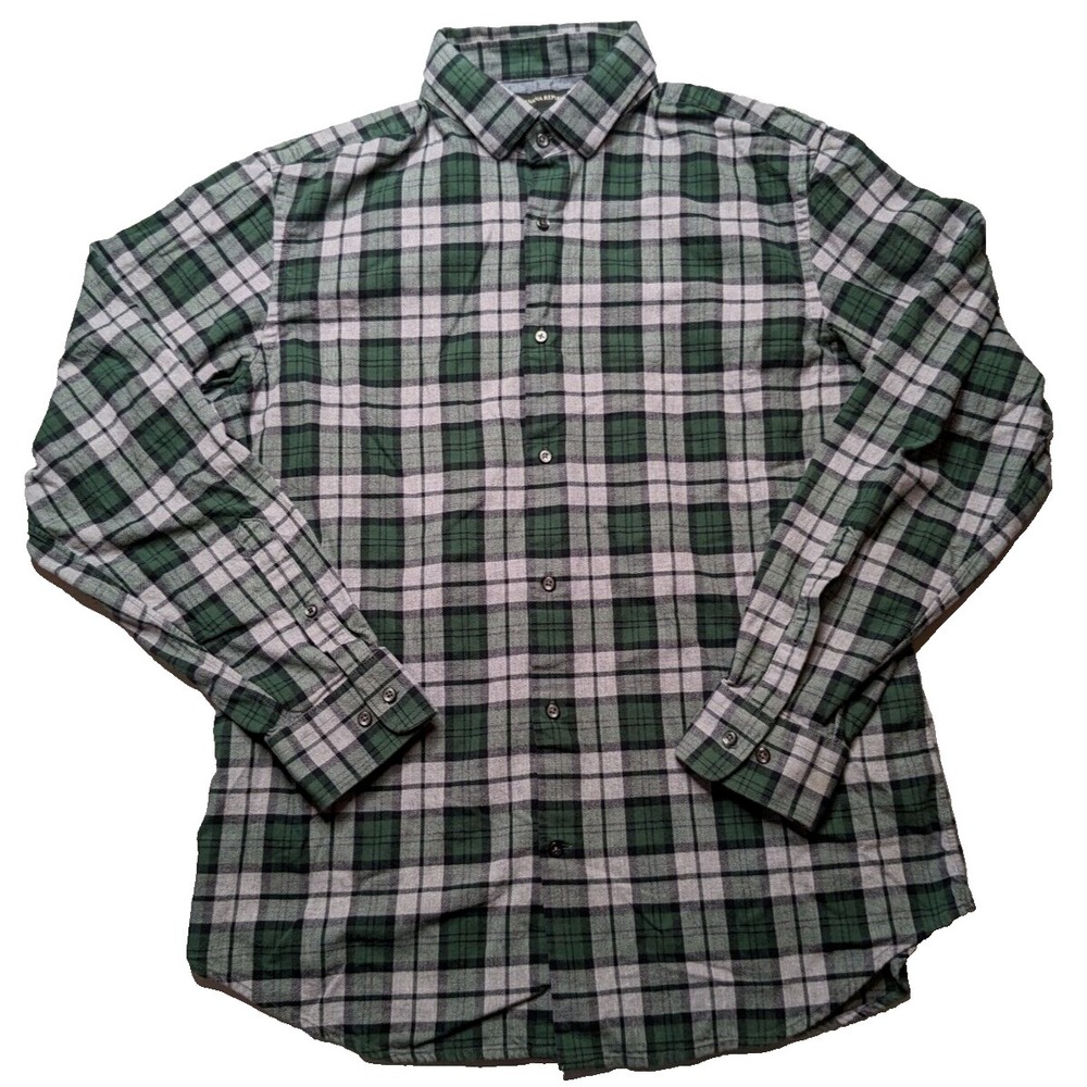 BANANA‎ REPUBLIC Men Large Green Gray Plaid Cotton FLANNEL Shirt